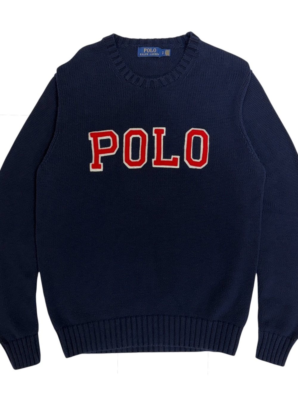 Polo Ralph Lauren Sweater Men Small Blue Applique Logo Cotton Crew Knit Spellout - Picture 2 of 9